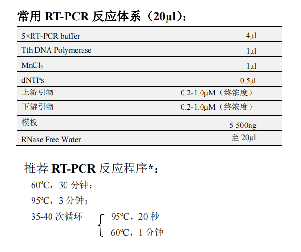 Tth DNA Polymerase(with dNTP) 常用RT-PCR反應體系（20μL）以及推薦RT-PCR反應程序*