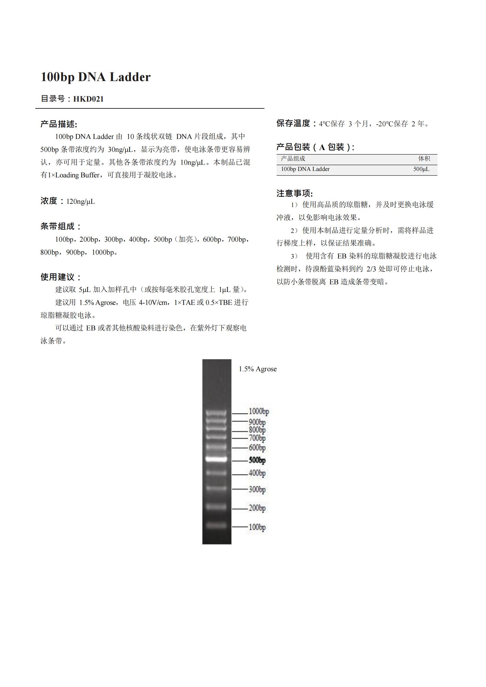 100bp DNA Ladder（DNA 標記）產品說明